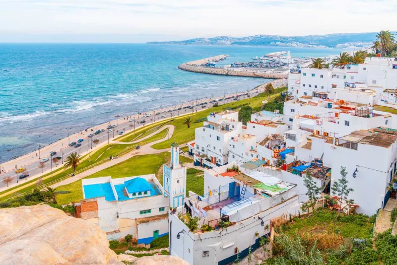 Spring season in Tangier with blooming flowers and Mediterranean views